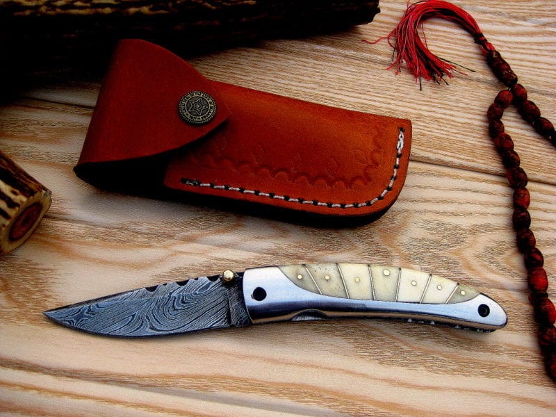 KBS Knives Store Folding Knife Everyday Carry Damascus Steel Pocket Knife - Bone and Steel Elegance