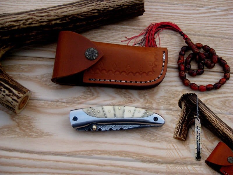 KBS Knives Store Folding Knife Everyday Carry Damascus Steel Pocket Knife - Bone and Steel Elegance