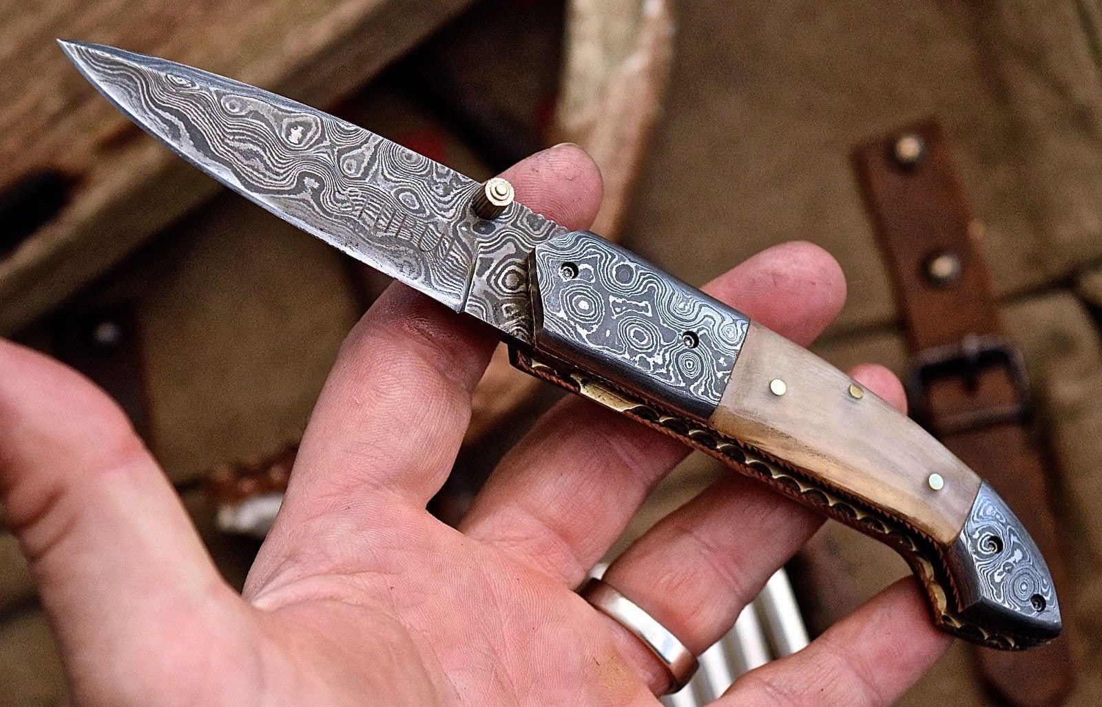 KBS Knives Store Folding Knife Everyday Carry Damascus Steel Pocket Knife - Buffalo Horn Excellence