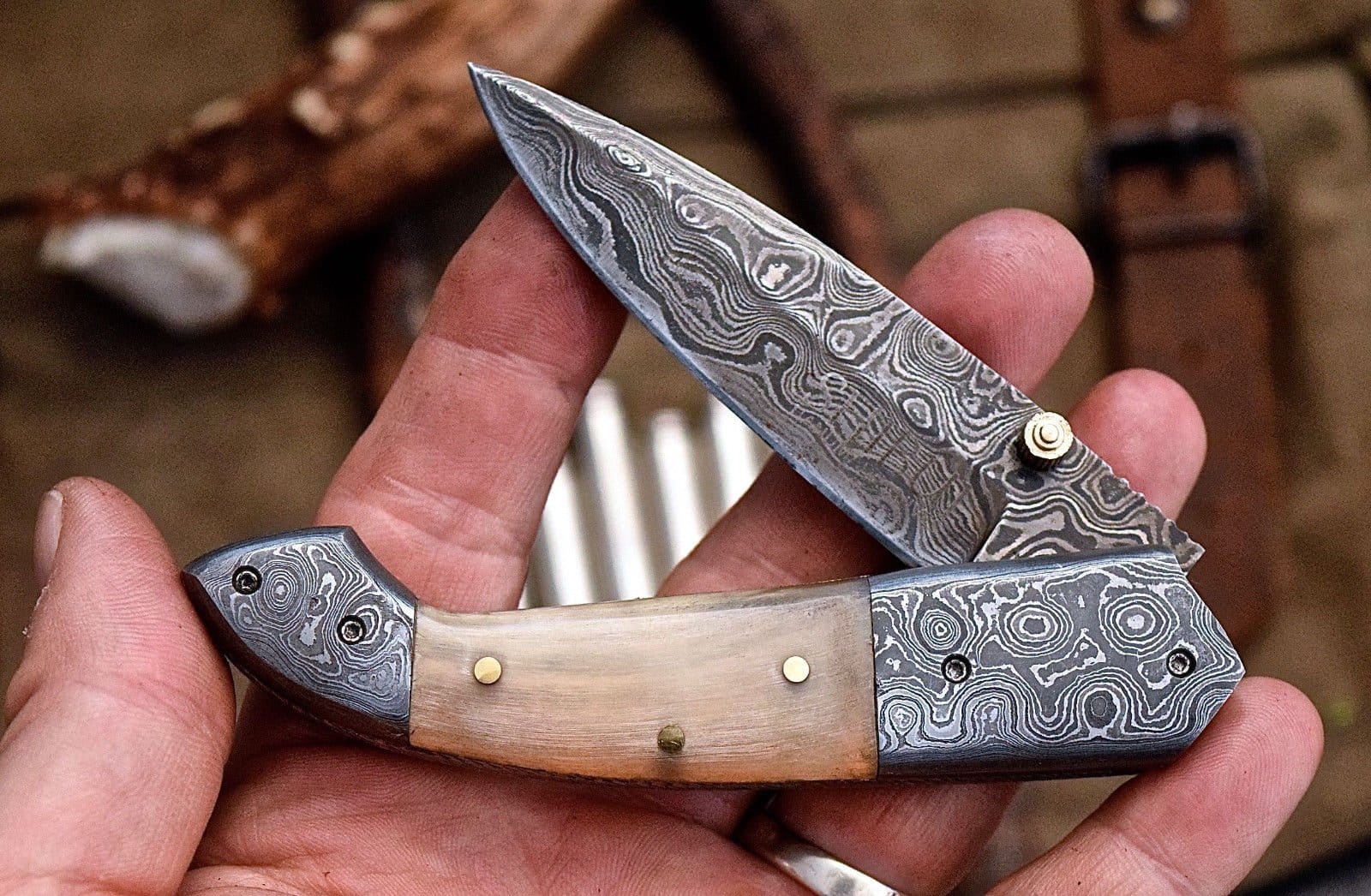 KBS Knives Store Folding Knife Everyday Carry Damascus Steel Pocket Knife - Buffalo Horn Excellence
