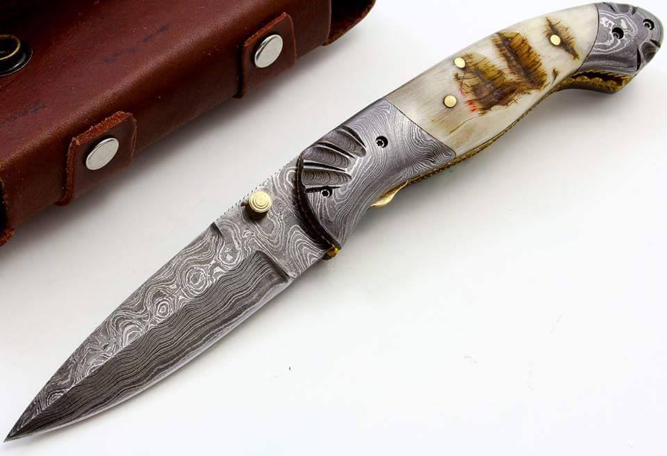 KBS Knives Store Folding Knife Everyday Carry Damascus Steel Pocket Knife - Mountain Ram Elegance