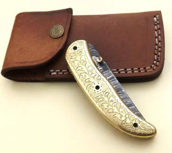 KBS Knives Store Folding Knife Everyday Carry Hand Engraved Damascus Steel Folding Pocket Knife with Brass Handle – The Artisan