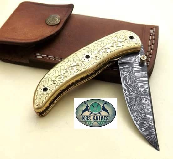 KBS Knives Store Folding Knife Everyday Carry Hand Engraved Damascus Steel Folding Pocket Knife with Brass Handle – The Artisan