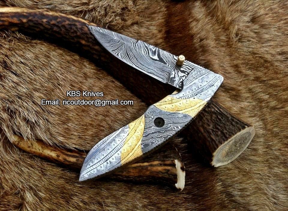 KBS Knives Store Folding Knife Everyday Carry Hand Engraved Damascus Steel Folding Pocket Knife with Steel & Brass Handle – The MasterCraft