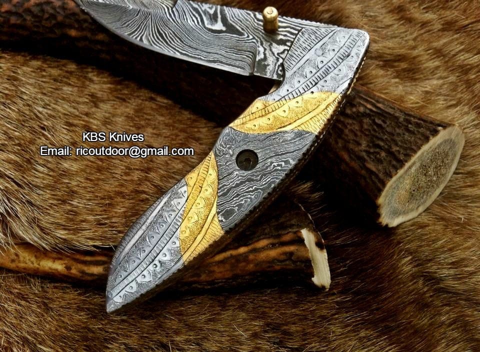 KBS Knives Store Folding Knife Everyday Carry Hand Engraved Damascus Steel Folding Pocket Knife with Steel & Brass Handle – The MasterCraft