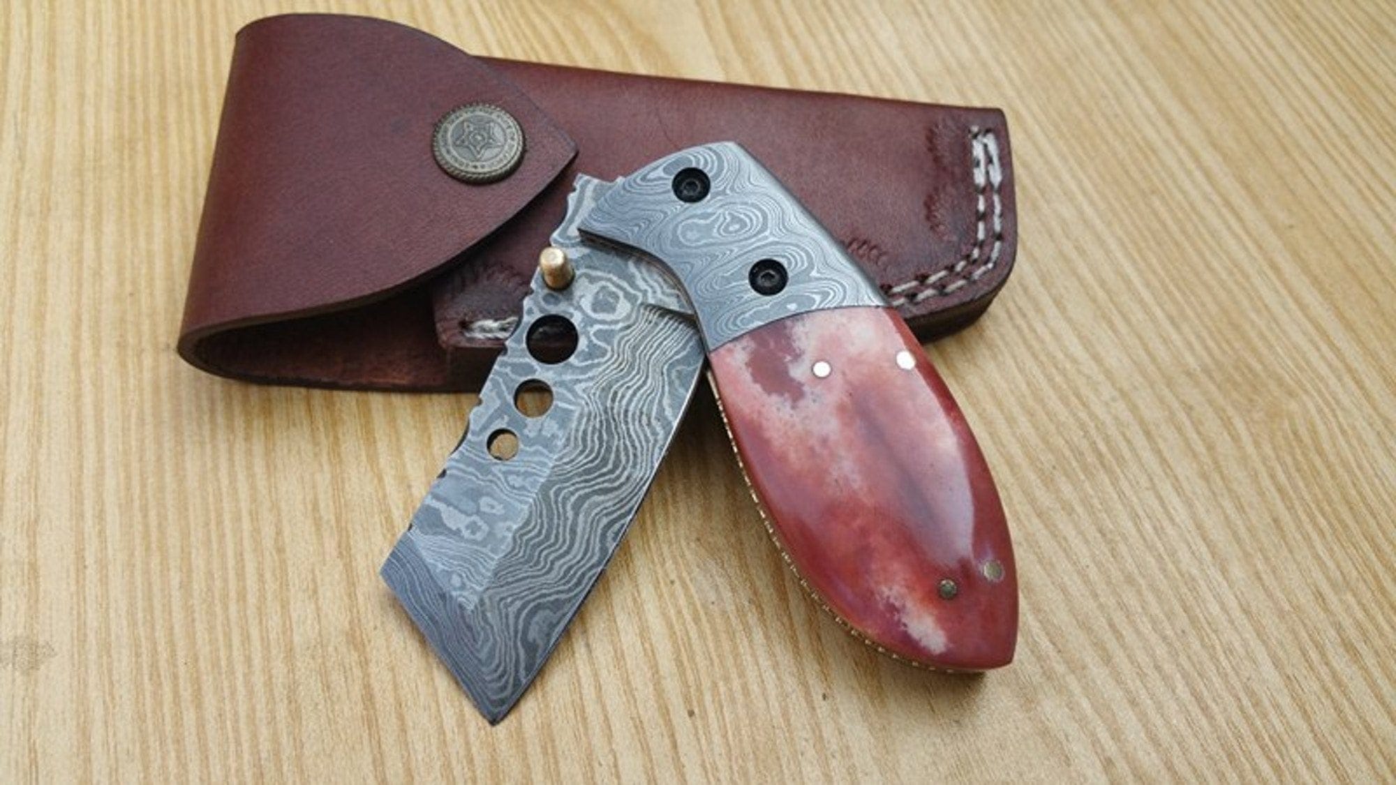 KBS Knives Store Folding Knife Everyday Carry Mini Tanto Damascus Pocket Knife - Colored Bone Elegance