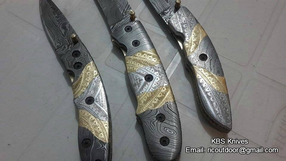KBS Knives Store Folding Knife Everyday Carry Set of 3 Hand Engraved Damascus Steel Folding Pocket Knives with Steel and Brass Handles – The TriGuard Collection