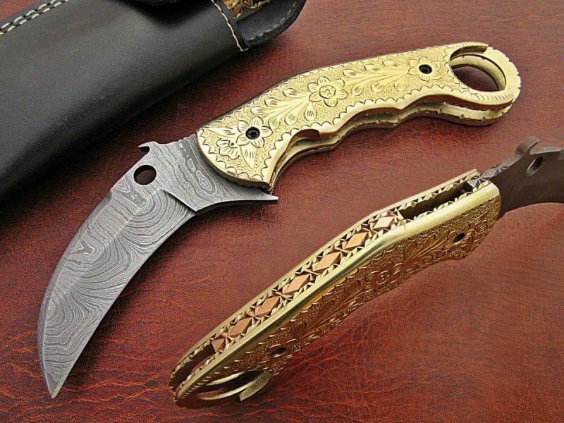 KBS Knives Store Folding Knife Everyday Carry Tiger Claw’s Hand Engraved Damascus Steel Folding Pocket Knife