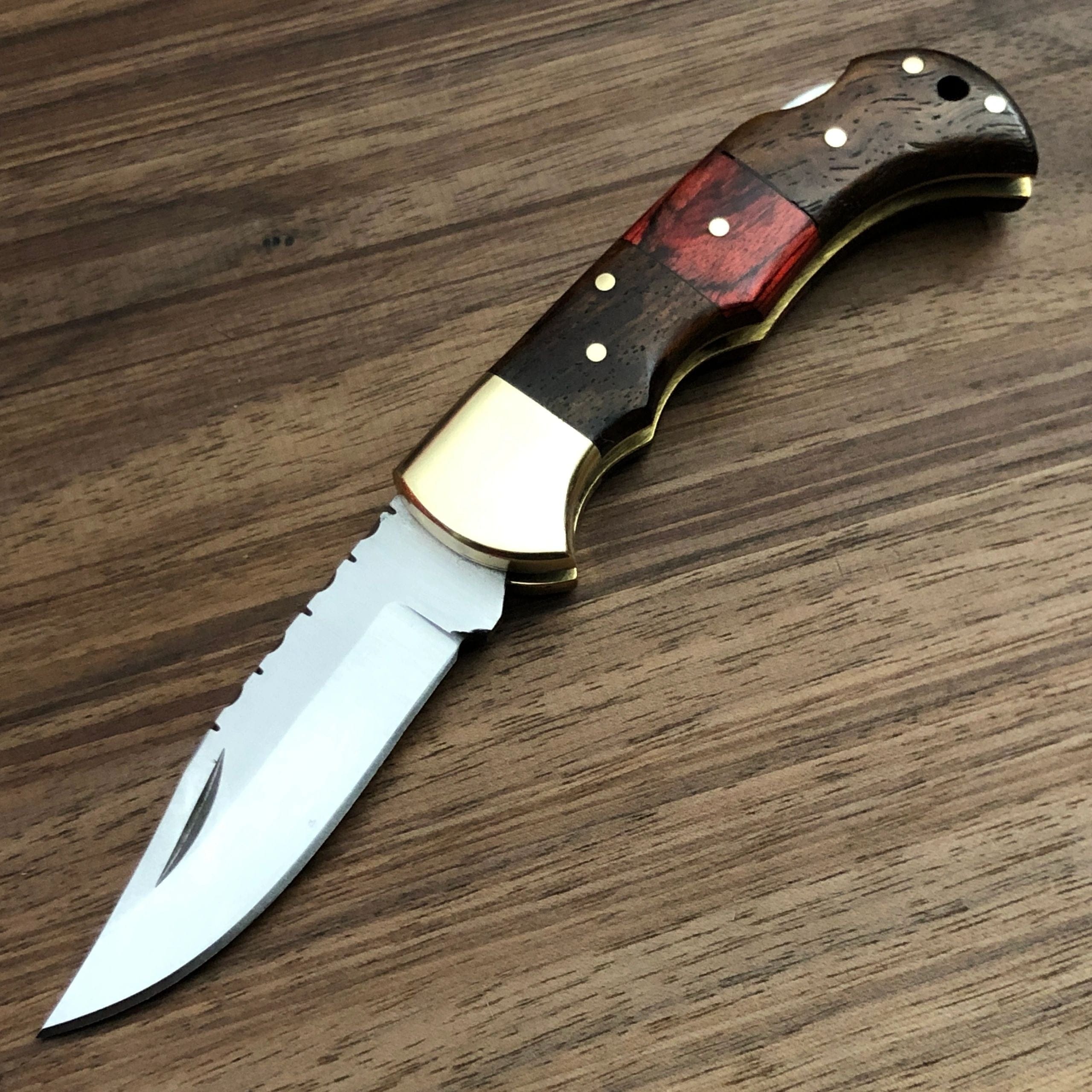 KBS Knives Store Folding Knife KBS Knives Store Exquisite D2 Steel Utility Folding Pocket Knife with Rosewood-Exotic Pakka Wood Handle and Leather Case