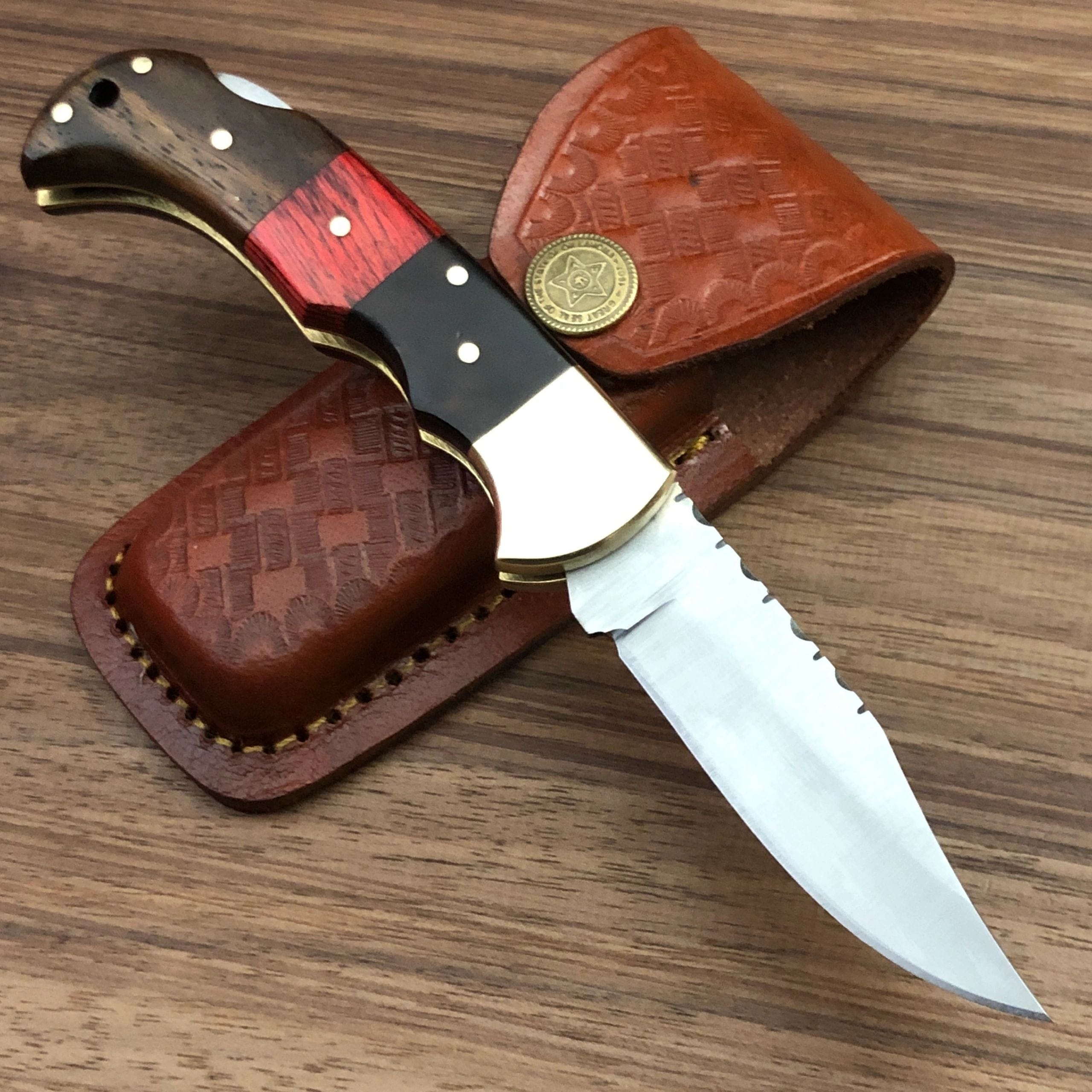KBS Knives Store Folding Knife KBS Knives Store Exquisite D2 Steel Utility Folding Pocket Knife with Rosewood-Exotic Pakka Wood Handle and Leather Case