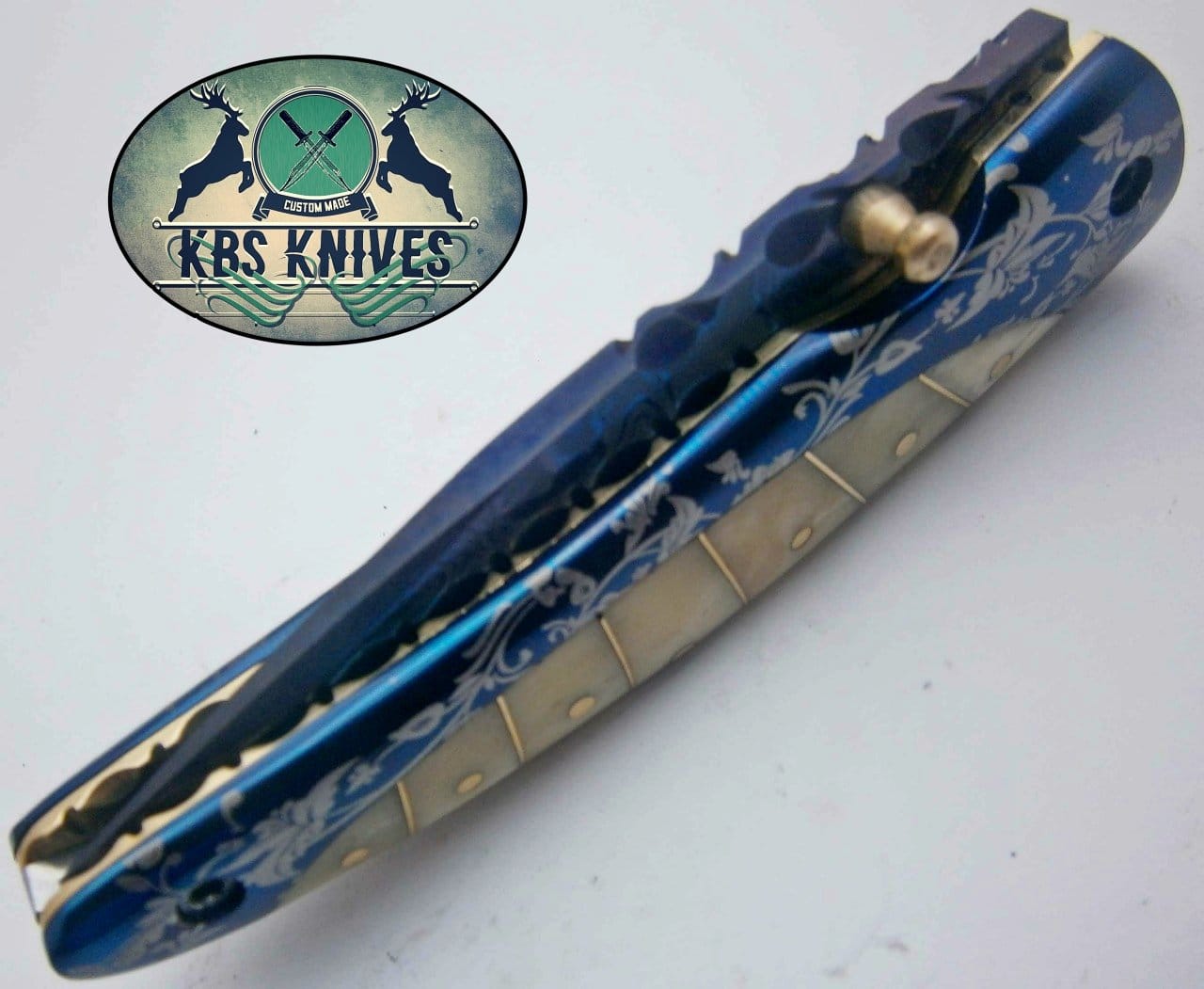 KBS Knives Store Folding Knife New Custom Handmade Patina-Color Damascus EDC Folding Knife