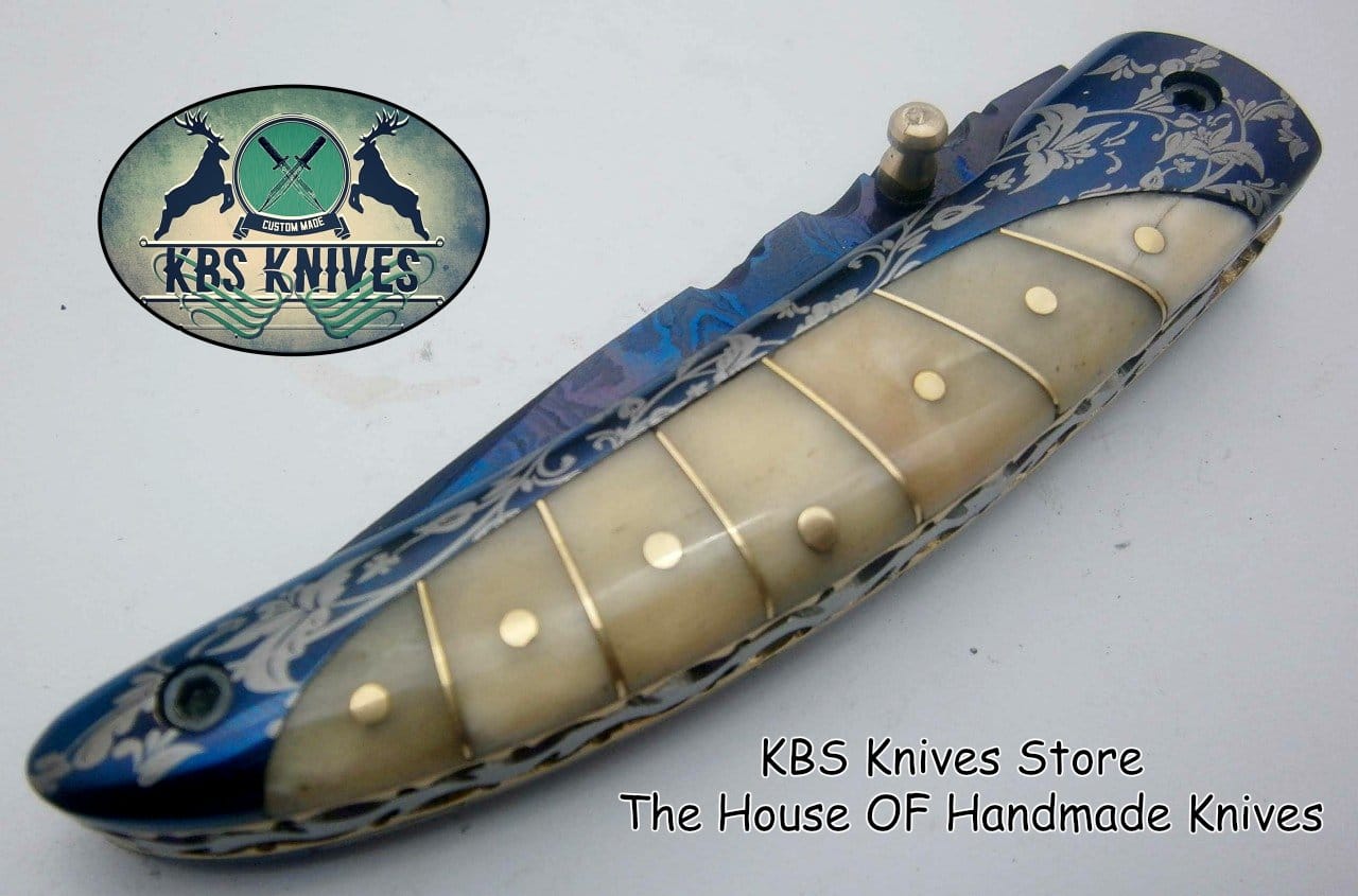 KBS Knives Store Folding Knife New Custom Handmade Patina-Color Damascus EDC Folding Knife