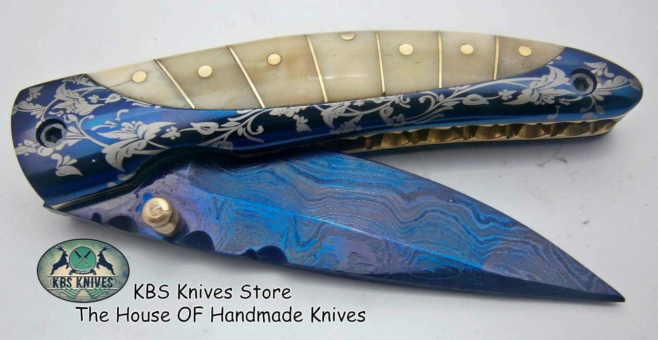 KBS Knives Store Folding Knife New Custom Handmade Patina-Color Damascus EDC Folding Knife