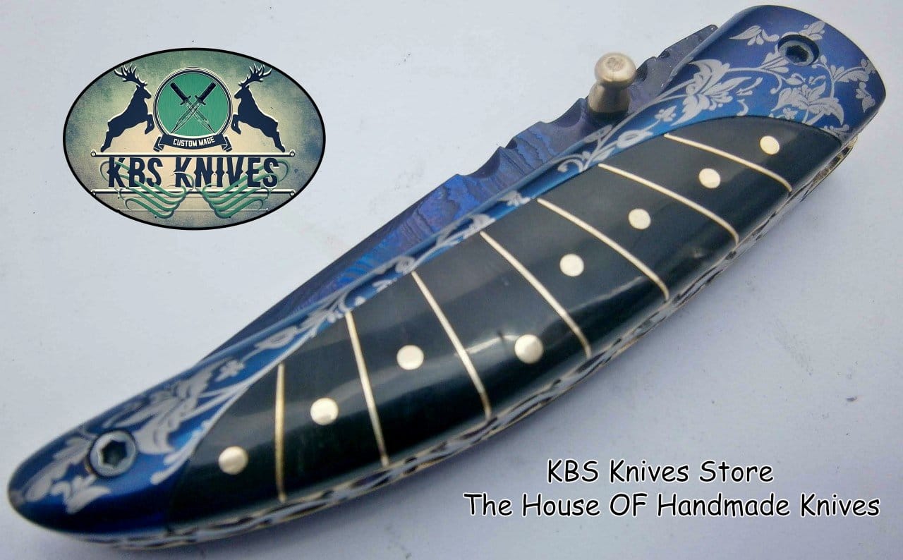 KBS Knives Store Folding Knife New Custom Handmade Patina-Color Damascus EDC Folding Knife