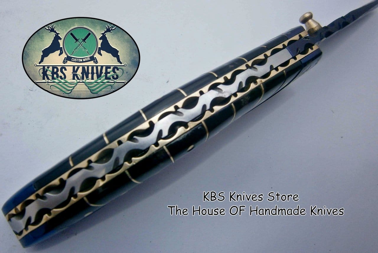 KBS Knives Store Folding Knife New Custom Handmade Patina-Color Damascus EDC Folding Knife