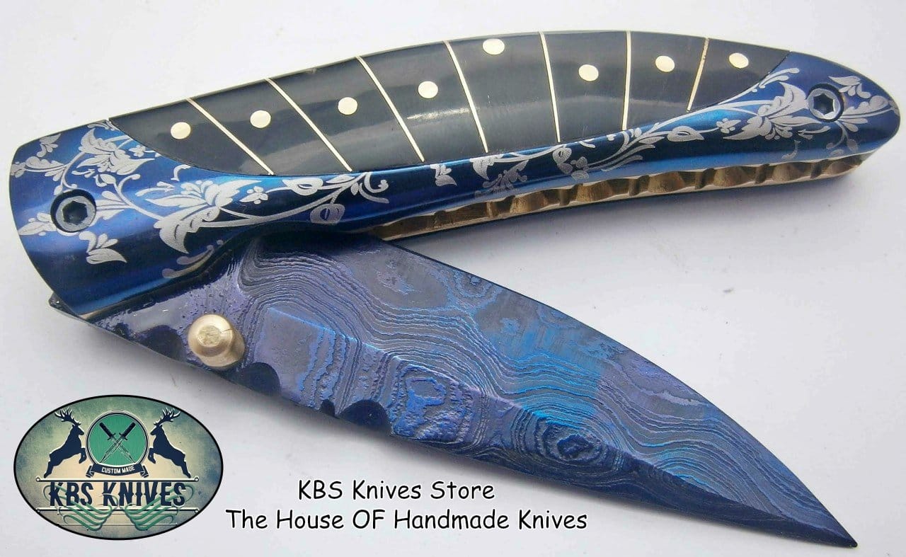 KBS Knives Store Folding Knife New Custom Handmade Patina-Color Damascus EDC Folding Knife