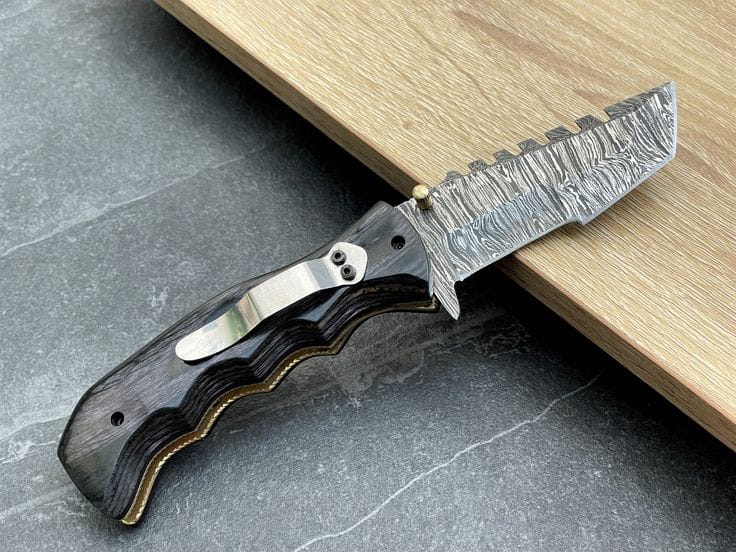 KBS Knives Store Folding Knife Two Knives Deal With Black Wood Tactical Urban Guardian Folding Pocket Knife – 8" Handmade Damascus Steel Blade, Pakka Wood Handle