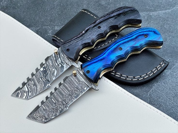 KBS Knives Store Folding Knife Two knives deal With Blue and Black Wood Tactical Urban Guardian Folding Pocket Knife – 8" Handmade Damascus Steel Blade, Pakka Wood Handle