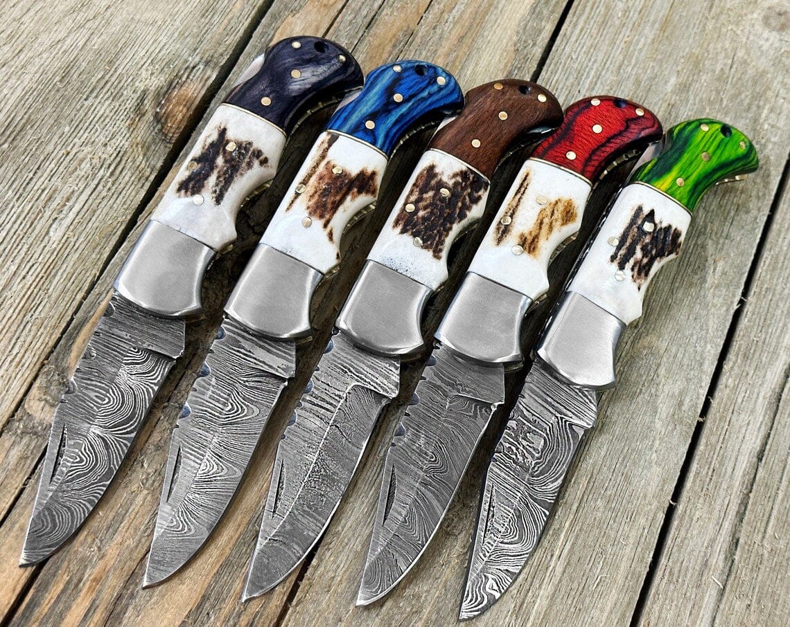 KBS Knives Store Folding Knife Utility Folding Knife | 3-Inch Damascus Steel Blade | Exotic Pakka Wood & Stag Horn Handle | Leather Case | KBS Knives Store