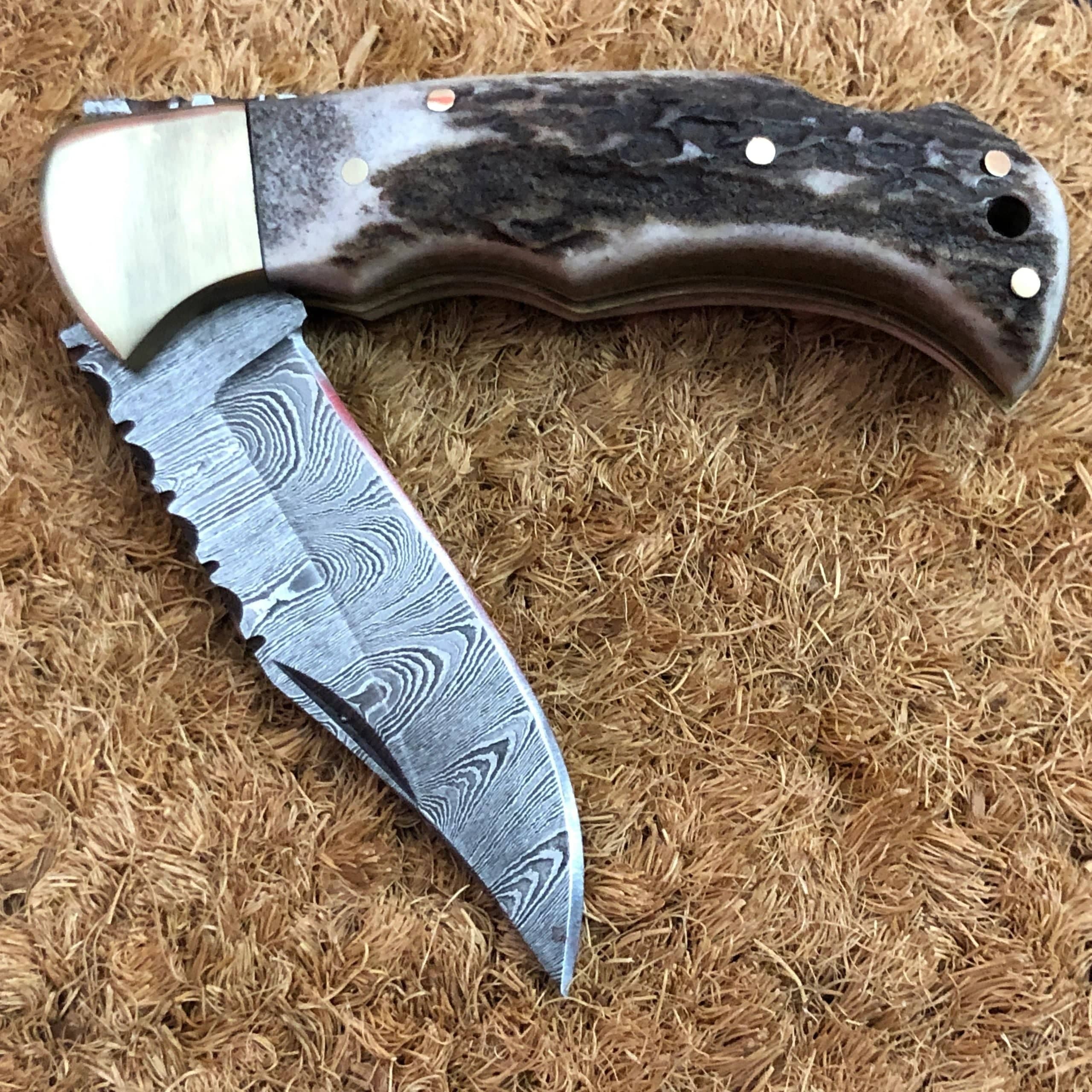 KBS Knives Store Folding Knife Utility Folding Pocket Knife | Antler Horn Handle with Brass Bolster | 3-Inch Blade | Leather Case | KBS Knives Store