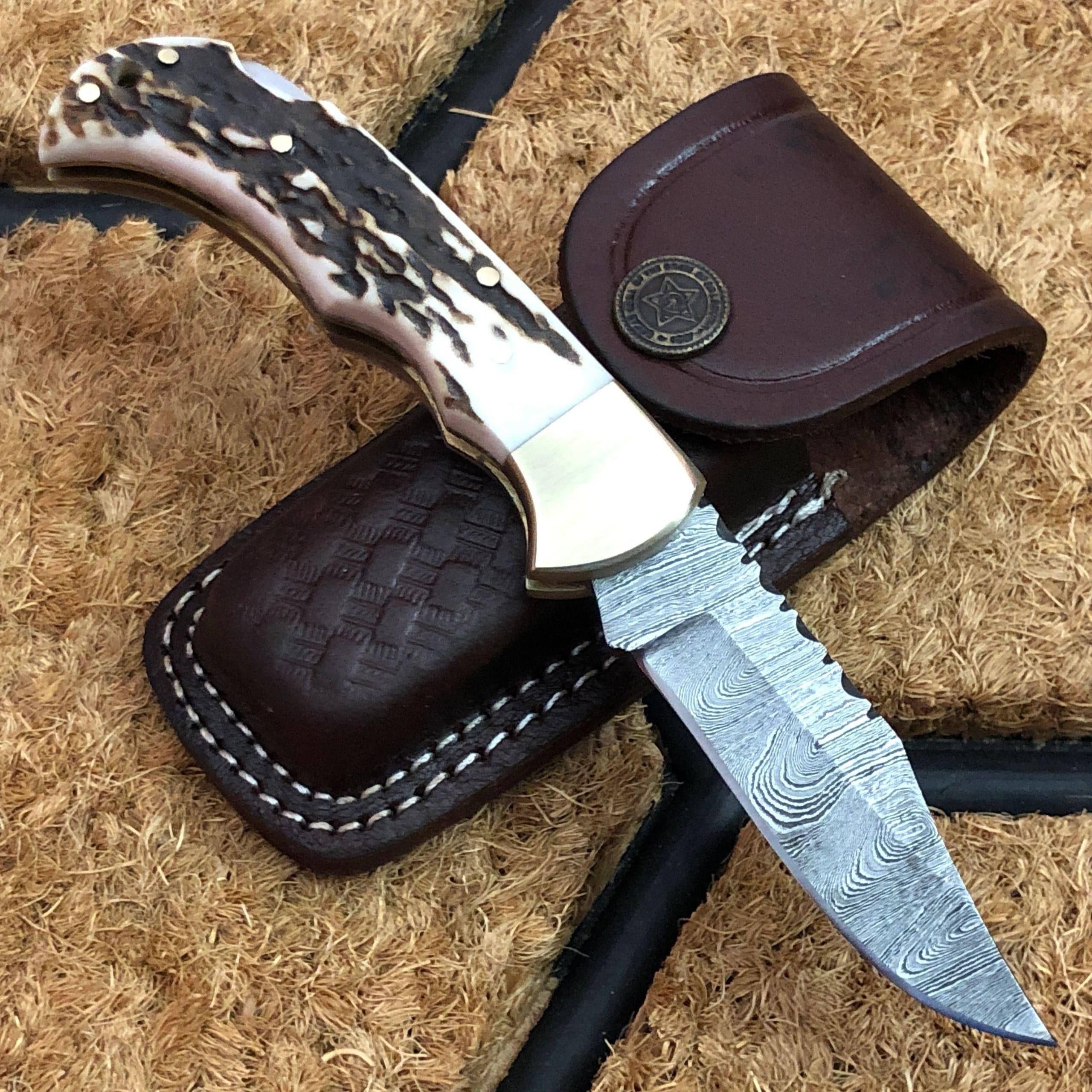 KBS Knives Store Folding Knife Utility Folding Pocket Knife | Antler Horn Handle with Brass Bolster | 3-Inch Blade | Leather Case | KBS Knives Store