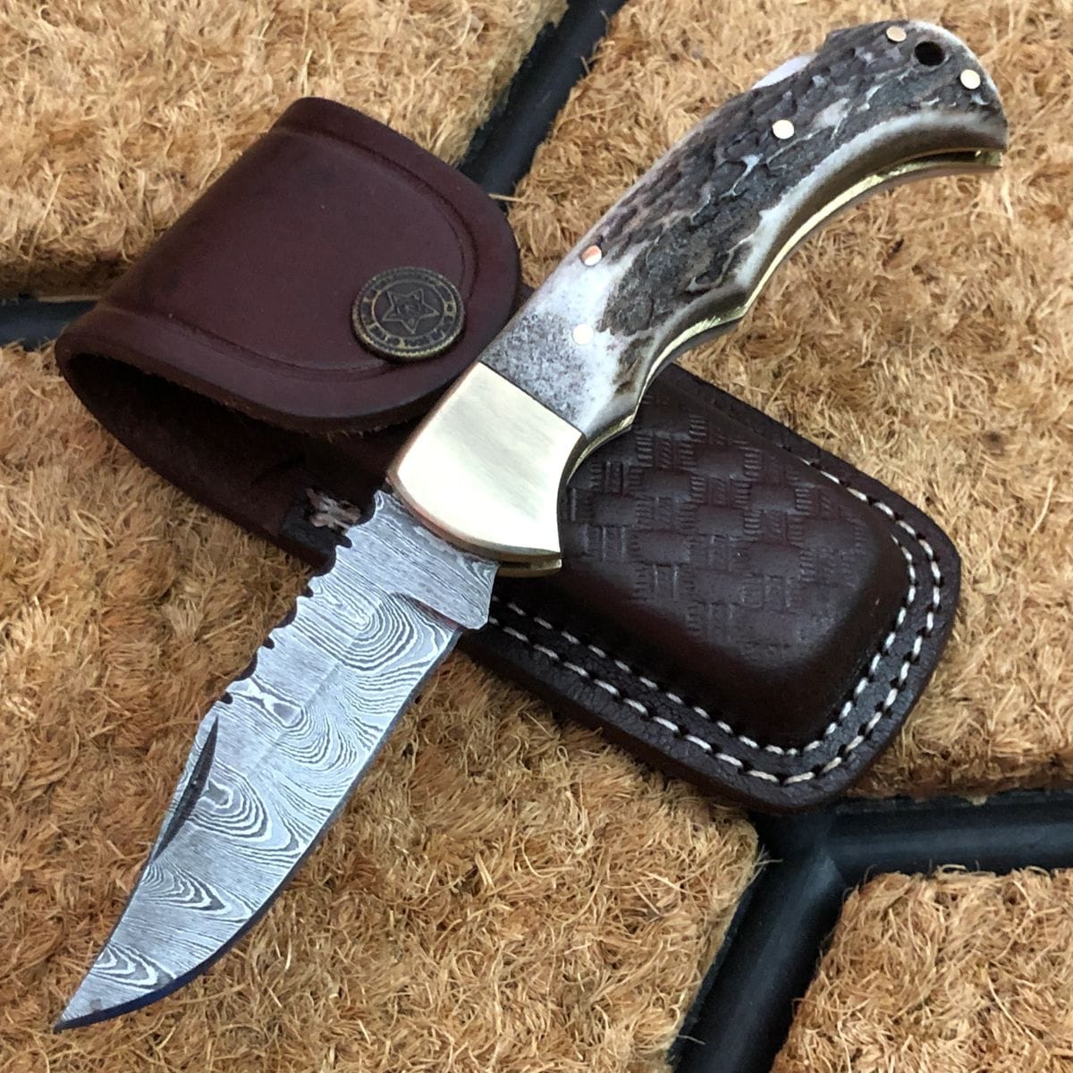 KBS Knives Store Folding Knife Utility Folding Pocket Knife | Antler Horn Handle with Brass Bolster | 3-Inch Blade | Leather Case | KBS Knives Store