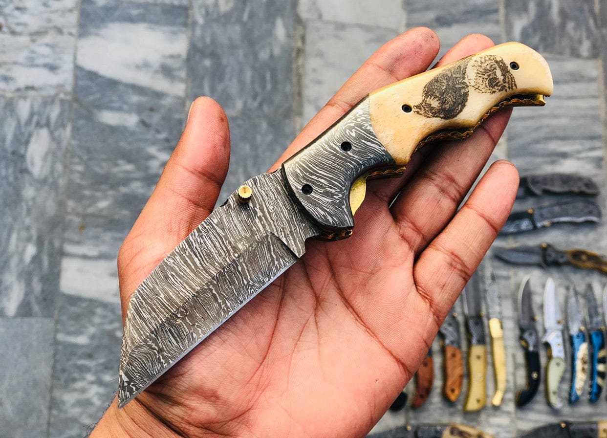 KBS Knives Store Folding Knive Custom Handmade Damascus Steel Engraved Folding Pocket Knife with Hand Engraved Bone Handle and Leather Case by KBS Knives Store.