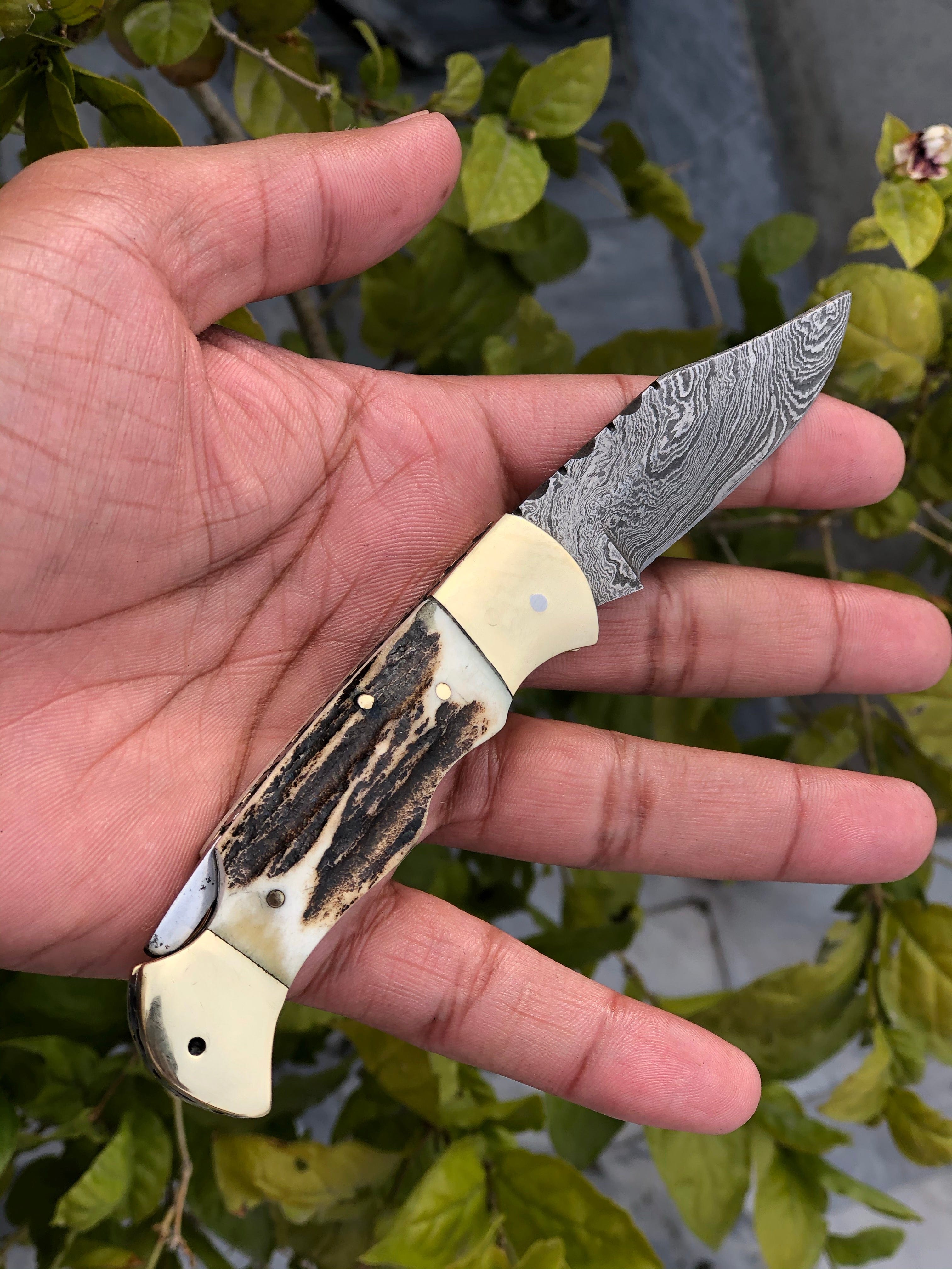 KBS Knives Store Folding Knive Custom Handmade Damascus Steel Folding Pocket Knife with Antler Horn and Brass Bolsters Handle and Leather Case - For Sale by KBS Knives Store