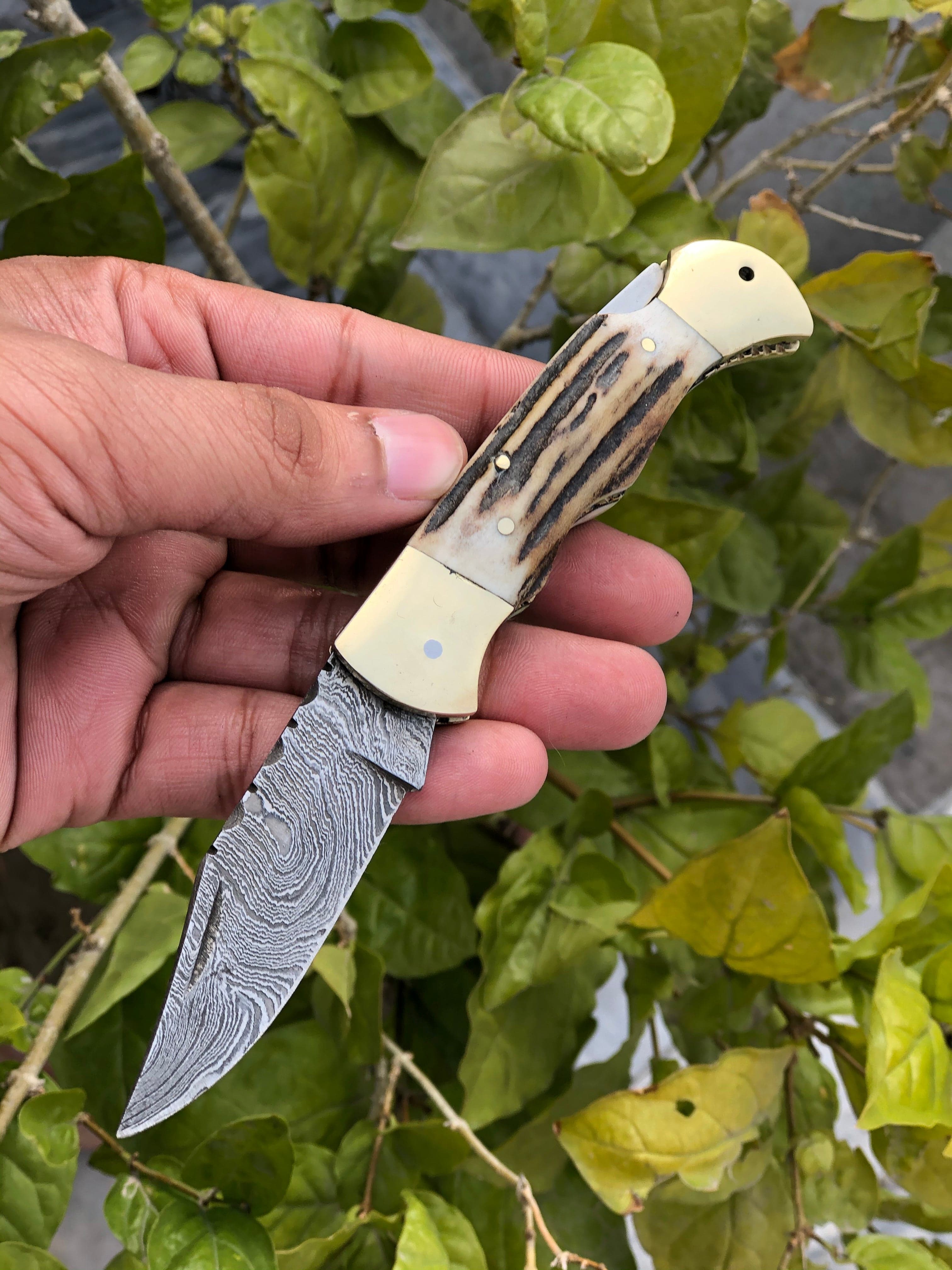 KBS Knives Store Folding Knive Custom Handmade Damascus Steel Folding Pocket Knife with Antler Horn and Brass Bolsters Handle and Leather Case - For Sale by KBS Knives Store