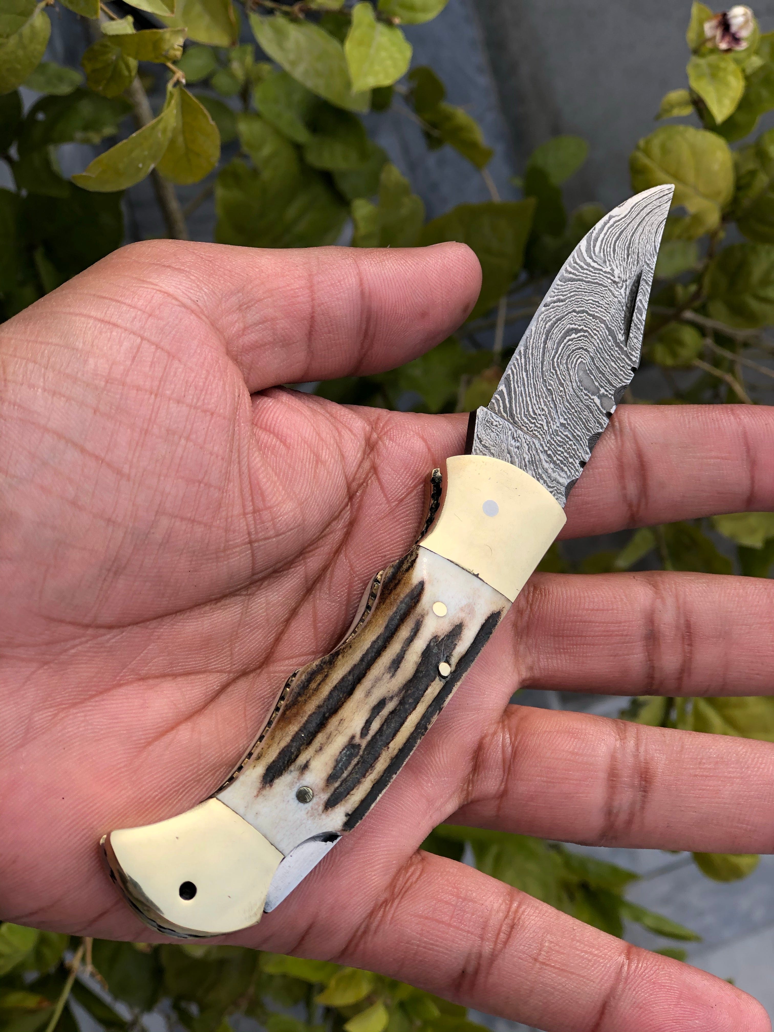 KBS Knives Store Folding Knive Custom Handmade Damascus Steel Folding Pocket Knife with Antler Horn and Brass Bolsters Handle and Leather Case - For Sale by KBS Knives Store