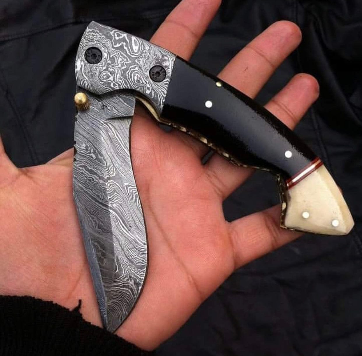 KBS Knives Store Folding Knive Custom Handmade Damascus Steel Folding Pocket Knife with Bone and Buffalo Horn Handle - 3.34 inch Blade Length by KBS Knives Store