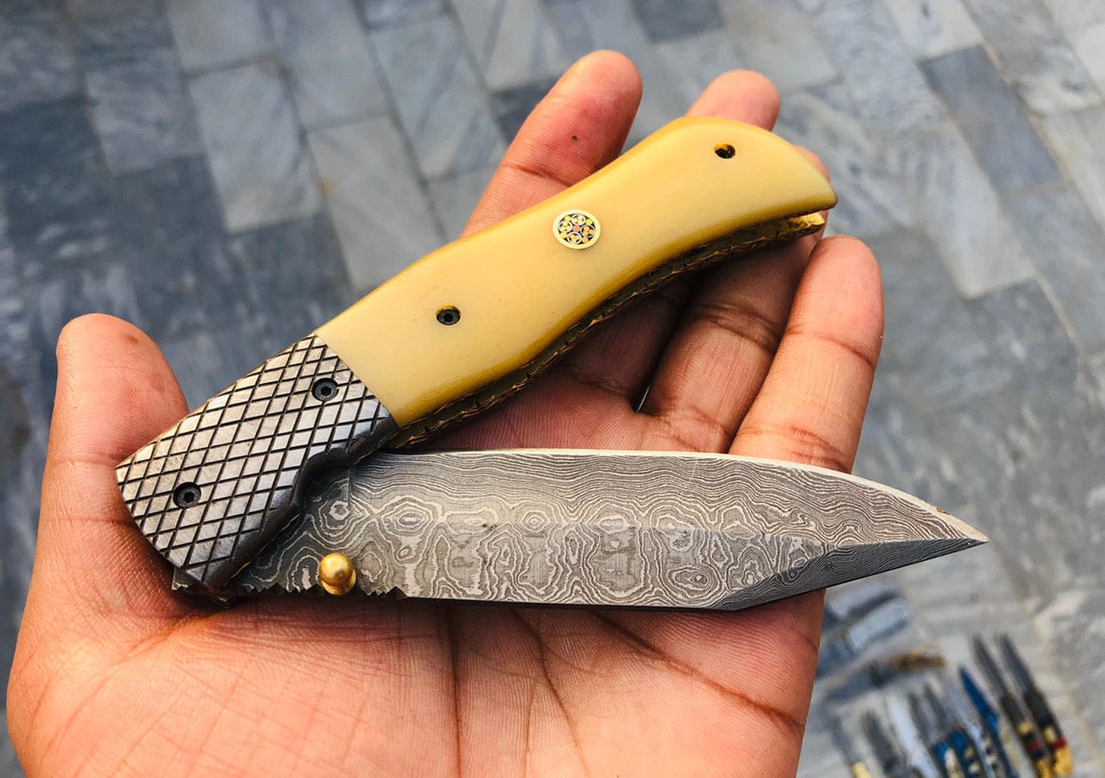 KBS Knives Store Folding Knive Custom Handmade Damascus Steel Folding Pocket Knife with Bone Handle and Leather Case - 3.3" Blade by KBS Knives Store