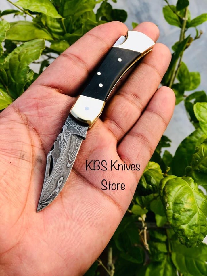 KBS Knives Store Folding Knive Custom Handmade Damascus Steel Small Folding Pocket Knife with Buffalo Horn Handle and Leather Case by KBS Knives Store.