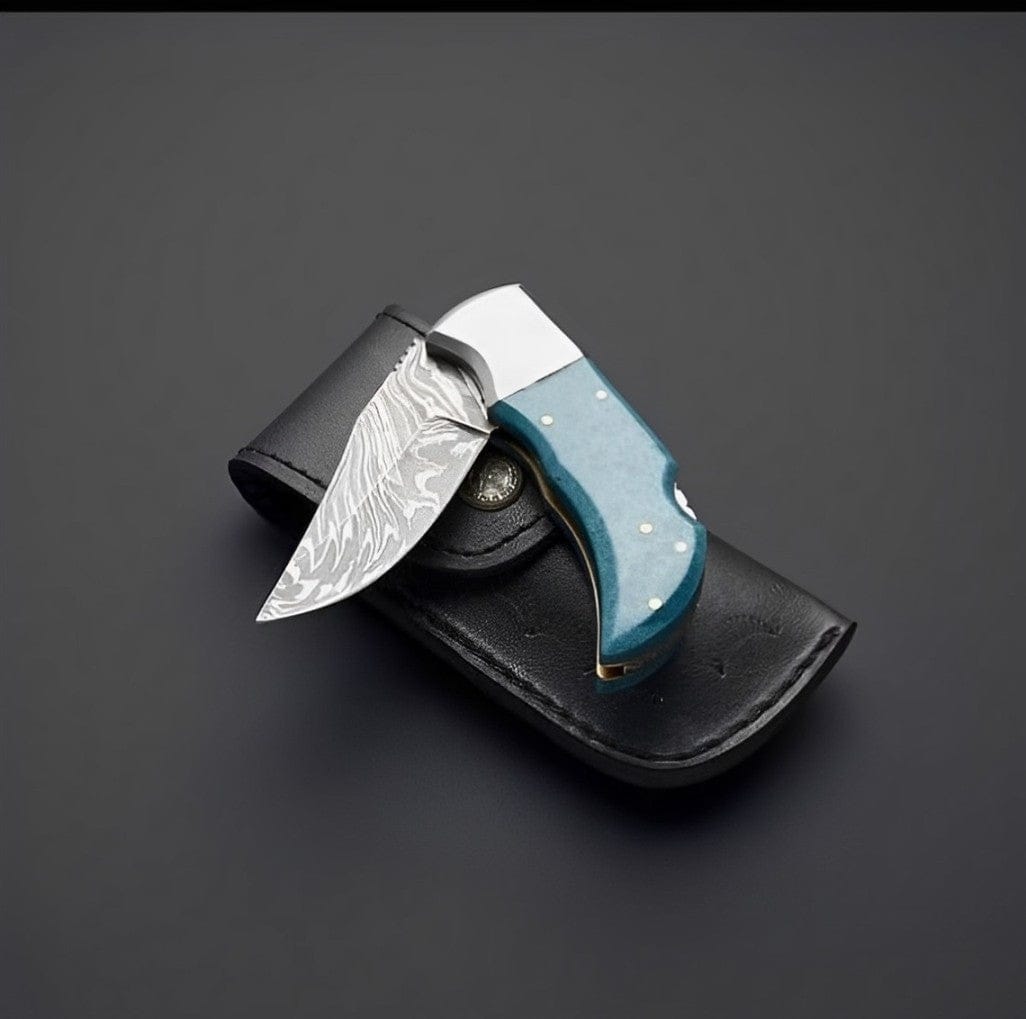 KBS Knives Store Folding Knive Damascus Knives for Sale | Custom Handmade Damascus Steel Pocket Knife with Turquoise Epoxy Handle | 2.5-Inch Blade by KBS Knives