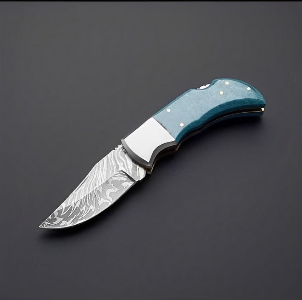 KBS Knives Store Folding Knive Damascus Knives for Sale | Custom Handmade Damascus Steel Pocket Knife with Turquoise Epoxy Handle | 2.5-Inch Blade by KBS Knives