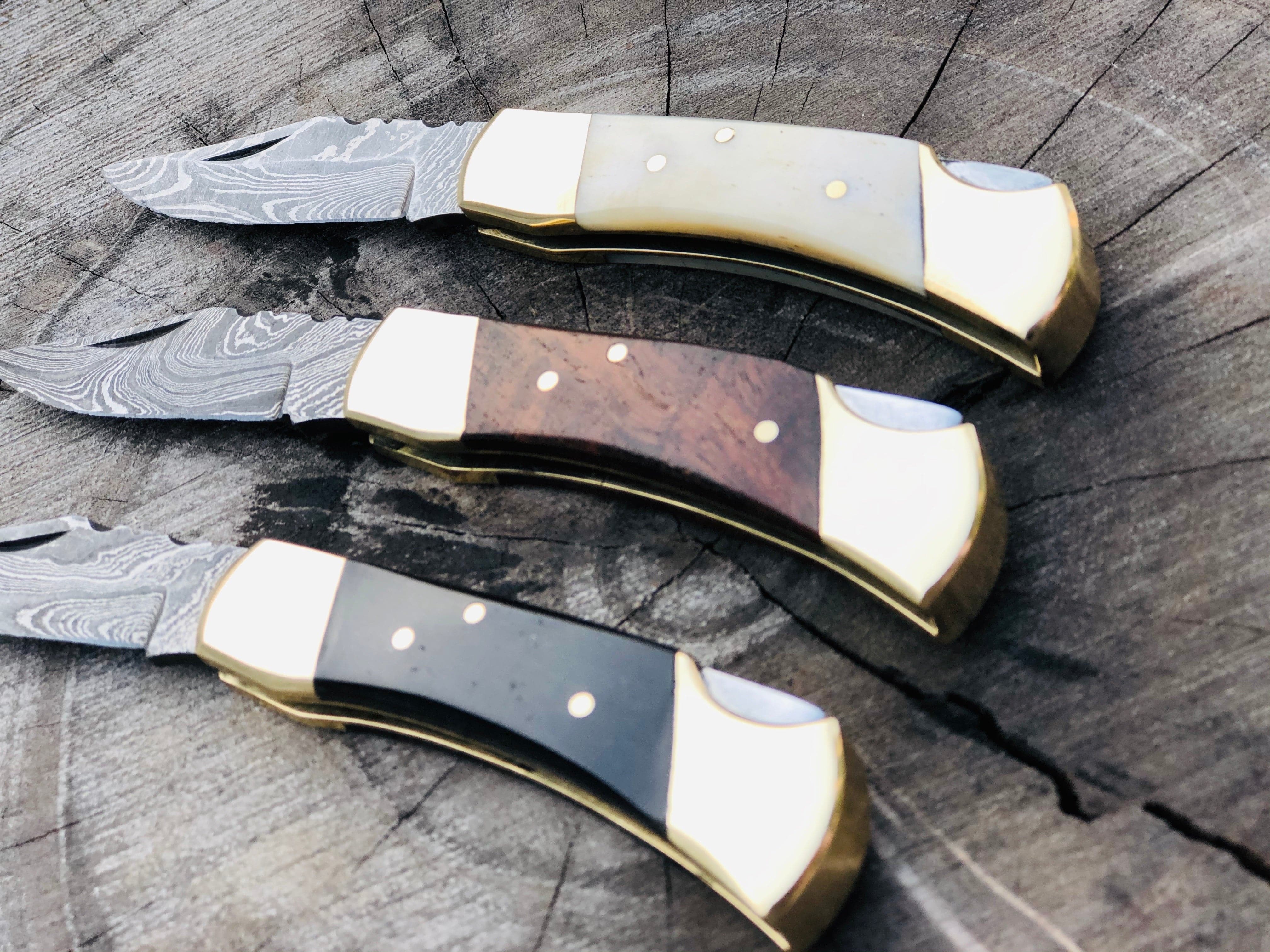 KBS Knives Store Folding Knive Deal Of 3 Premium Damascus Steel Folding Pocket Knife Set - Exquisite Utility Knives with Buffalo Horn,Bone and Rosewood Handles