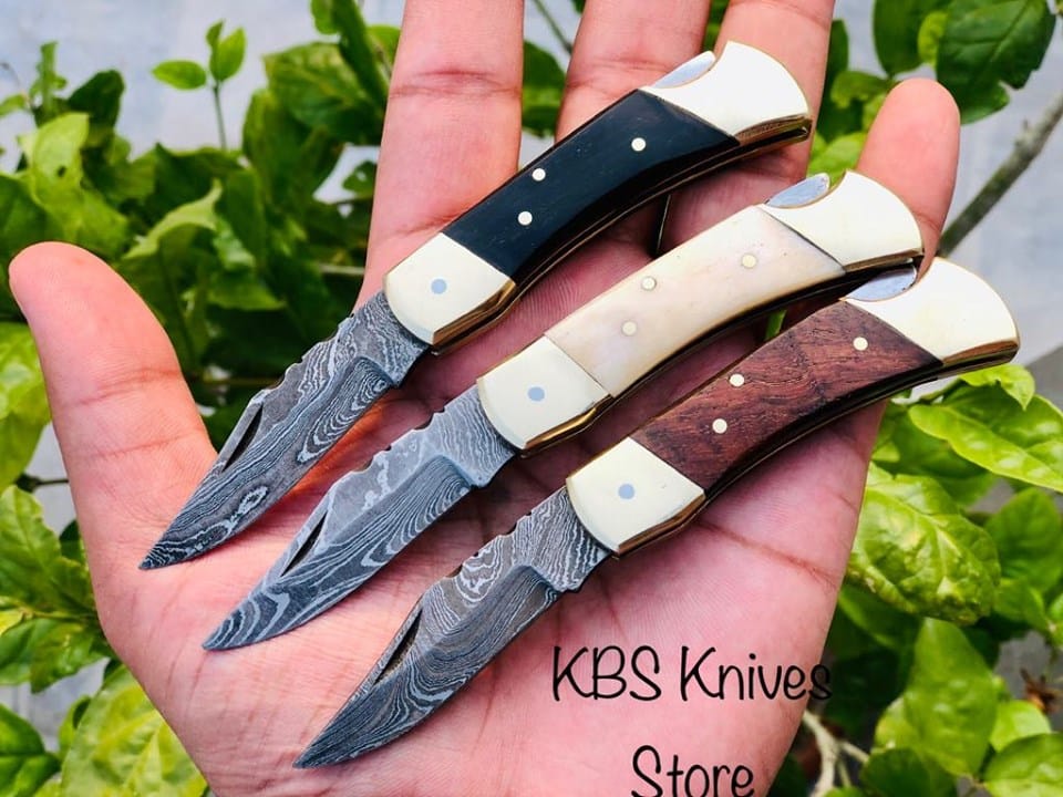 KBS Knives Store Folding Knive Deal Of 3 Premium Damascus Steel Folding Pocket Knife Set - Exquisite Utility Knives with Buffalo Horn,Bone and Rosewood Handles