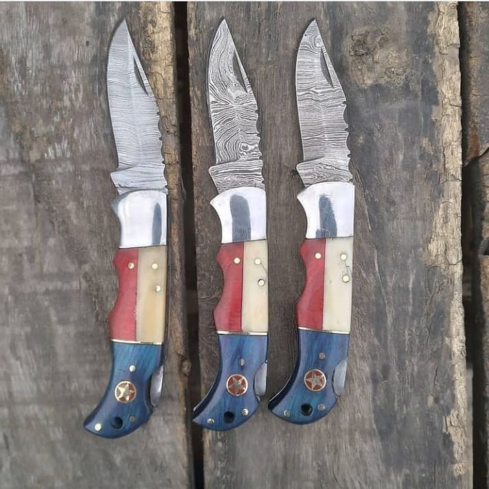 KBS Knives Store Folding Knive Deal of 3 Texas Flag Handle Folding Pocket Knives with Bone and Exotic Blue and Red Wood Handles and Leather Case by KBS Knives Store