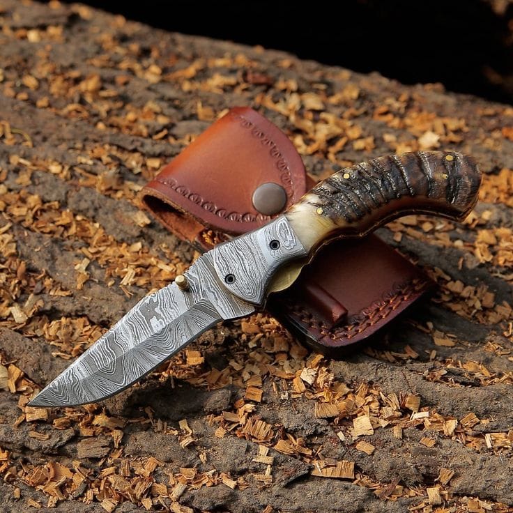 KBS Knives Store Folding Knive Mountain Majesty - Custom Handcrafted Damascus Steel Folding Pocket Knife with Sheep Horn Handle and Damascus Bolster