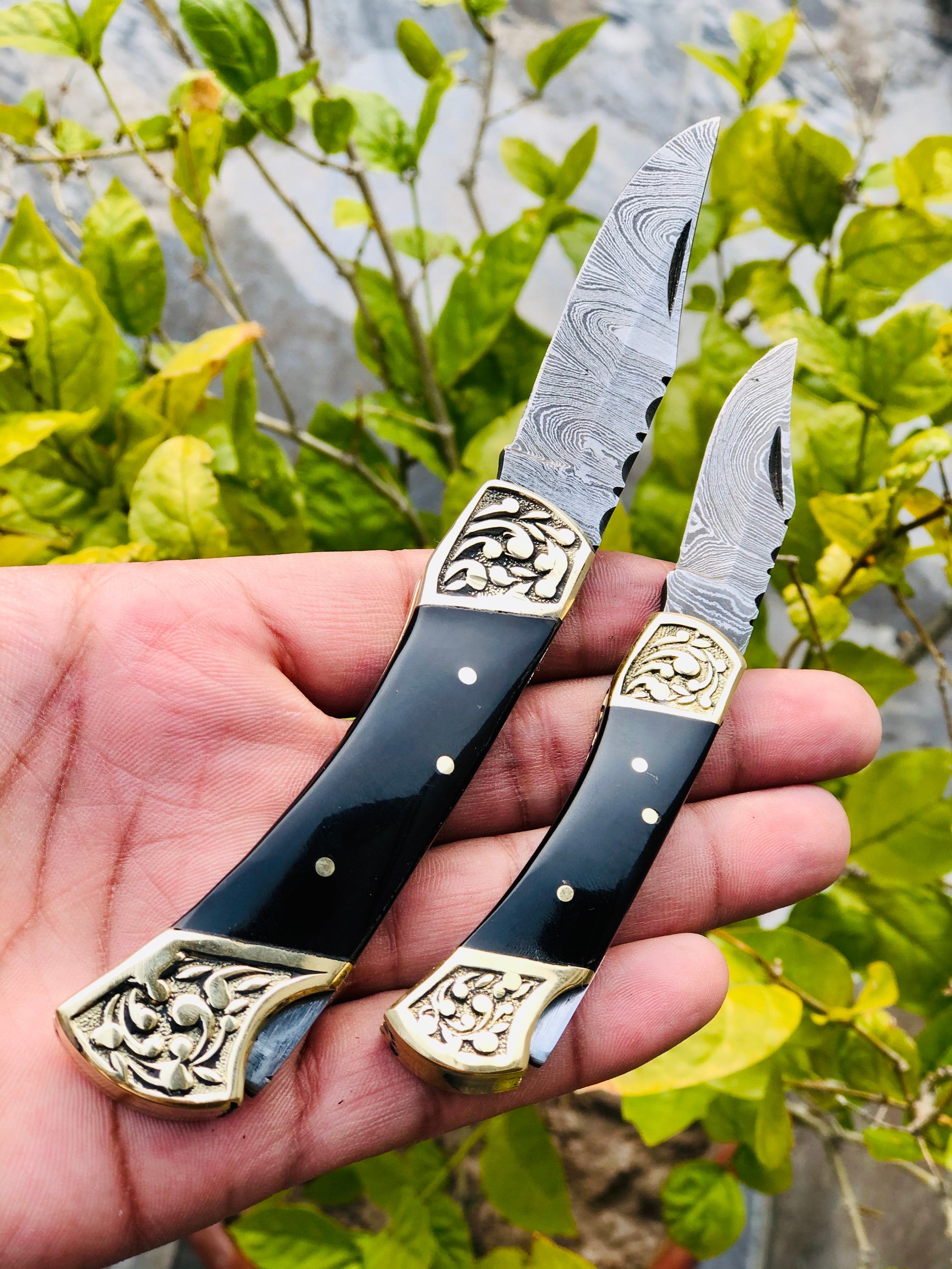 KBS Knives Store Folding Knive Pair of Custom Handmade Damascus Steel Folding Pocket Knives with Buffalo Horn and Engraved Brass Bolsters Handle