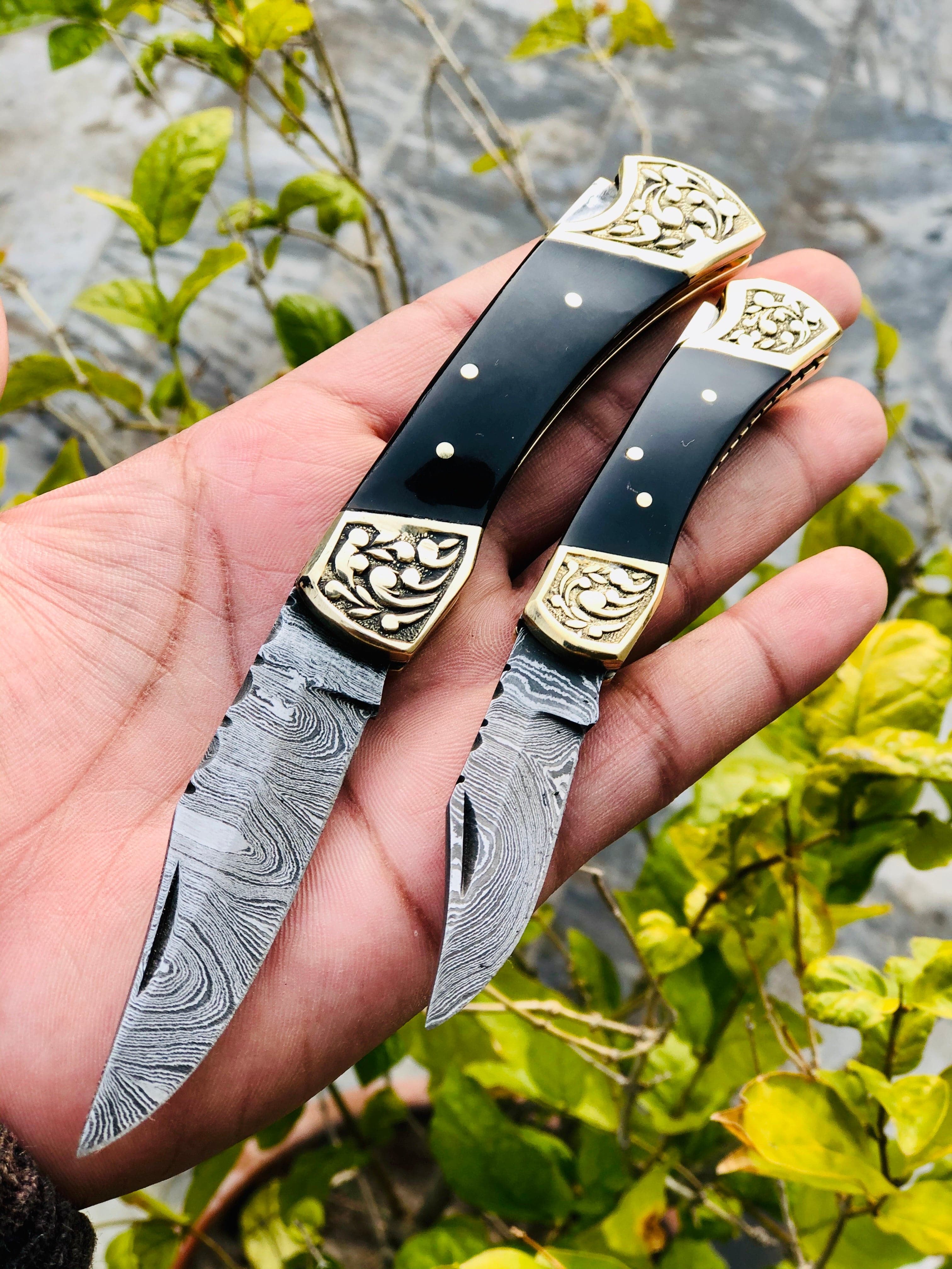 KBS Knives Store Folding Knive Pair of Custom Handmade Damascus Steel Folding Pocket Knives with Buffalo Horn and Engraved Brass Bolsters Handle