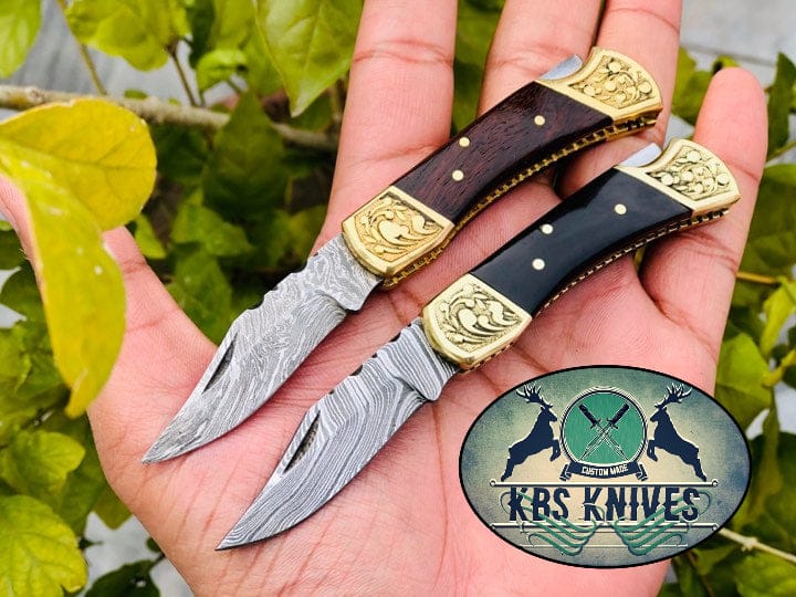 KBS Knives Store Folding Knive Pair of Custom Handmade Damascus Steel Small Folding Pocket Knives with Rosewood and Buffalo Horn Handles