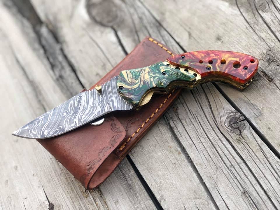 KBS Knives Store Folding Knive Top Folding Pocket Knife with Pocket Clip and Epoxy Resin Handle, 3.25 Inches Blade Length and Leather Case - For Sale by KBS Knives Store