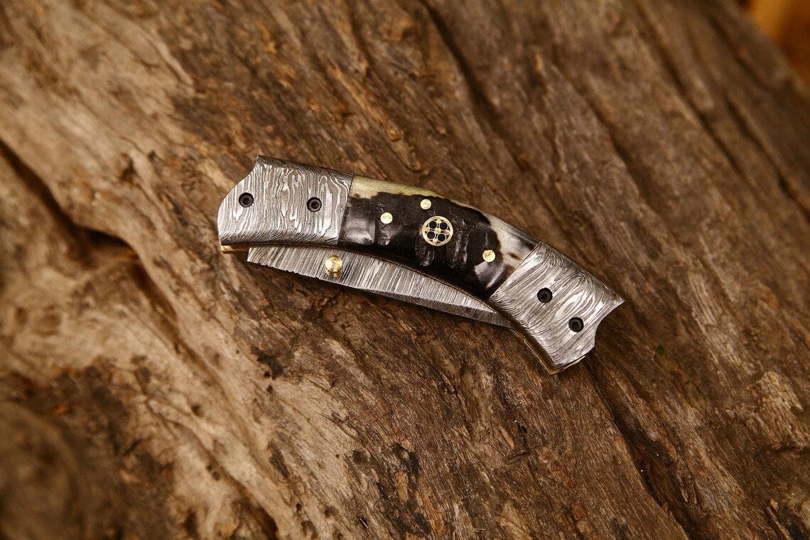 KBS Knives Store Folding Knives Best Custom Handmade Damascus Steel EDC Folding Pocket Knife | 3-Inch Blade, Sheep Horn Handle, Leather Case | Ideal Gift for Any Occasion by KBS Knives