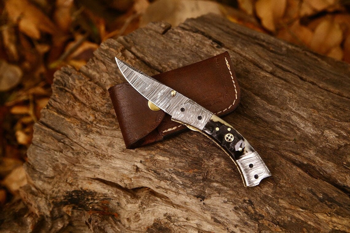 KBS Knives Store Folding Knives Best Custom Handmade Damascus Steel EDC Folding Pocket Knife | 3-Inch Blade, Sheep Horn Handle, Leather Case | Ideal Gift for Any Occasion by KBS Knives
