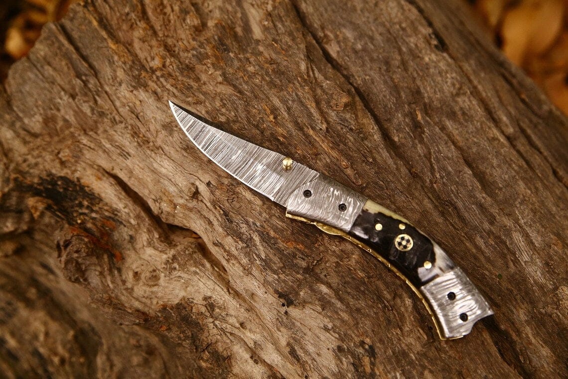 KBS Knives Store Folding Knives Best Custom Handmade Damascus Steel EDC Folding Pocket Knife | 3-Inch Blade, Sheep Horn Handle, Leather Case | Ideal Gift for Any Occasion by KBS Knives