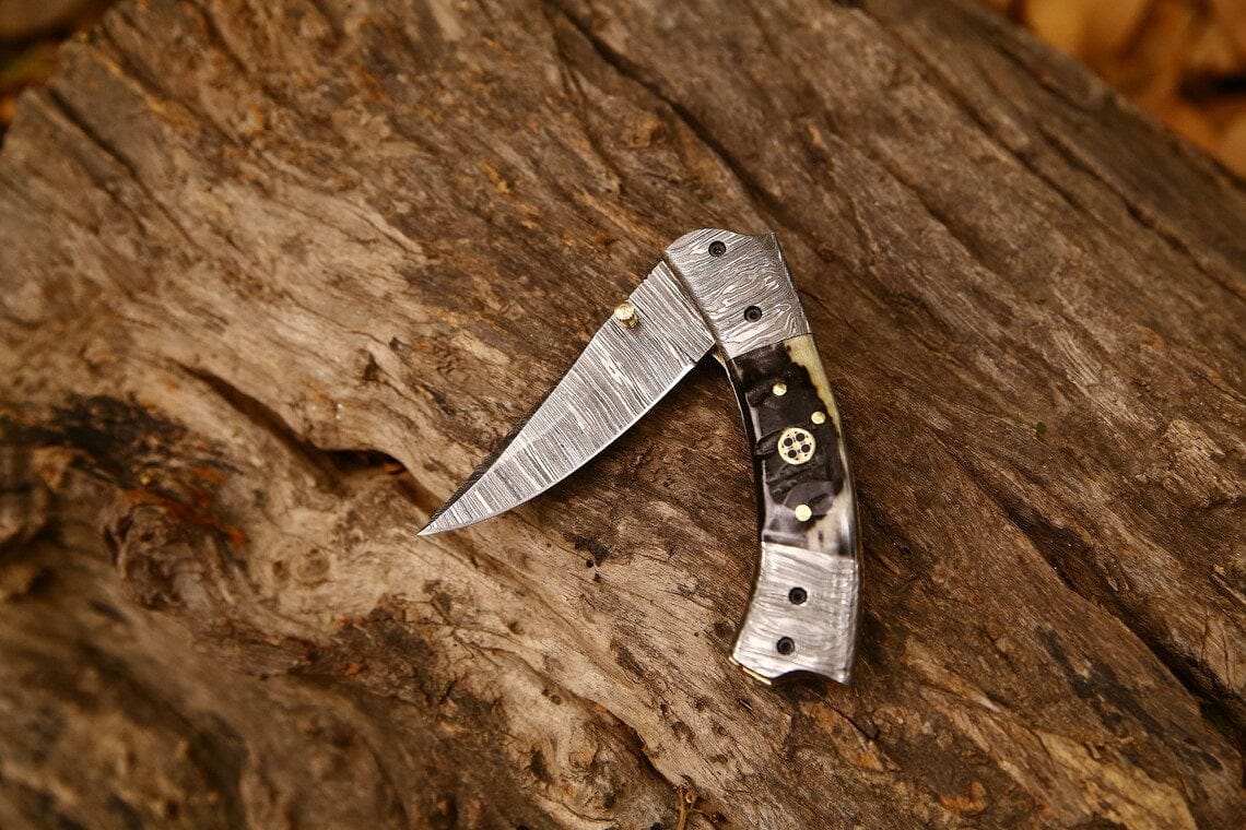 KBS Knives Store Folding Knives Best Custom Handmade Damascus Steel EDC Folding Pocket Knife | 3-Inch Blade, Sheep Horn Handle, Leather Case | Ideal Gift for Any Occasion by KBS Knives