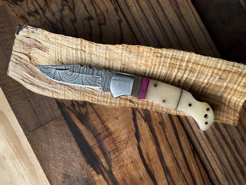 KBS Knives Store Folding Knives Best Damascus Steel Folding Pocket Knife with Bone and Color Wood Spacers Handle, 3 Inches Blade Length and Leather Case - For Sale by KBS Knives Store.