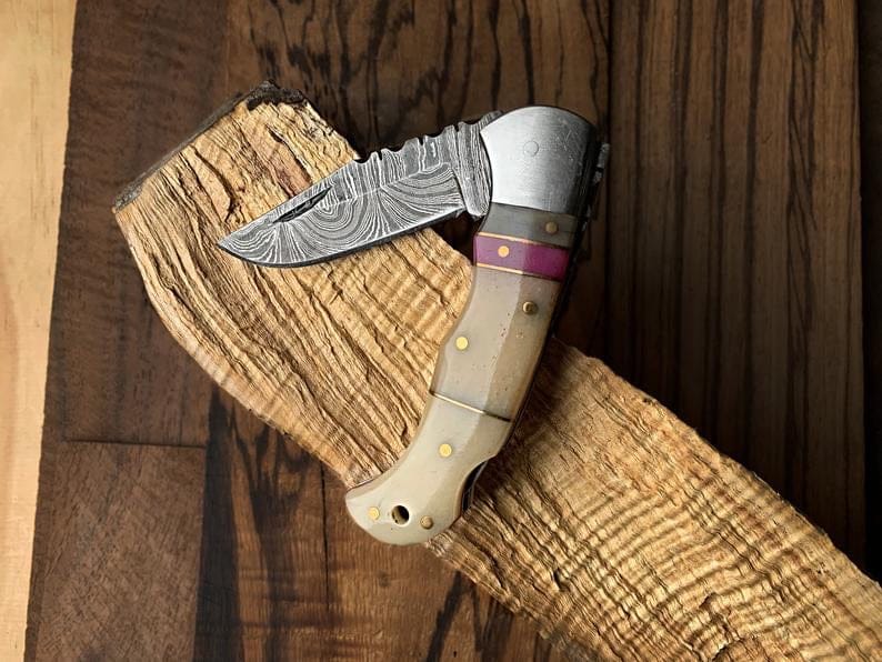 KBS Knives Store Folding Knives Best Damascus Steel Folding Pocket Knife with Bone and Color Wood Spacers Handle, 3 Inches Blade Length and Leather Case - For Sale by KBS Knives Store.