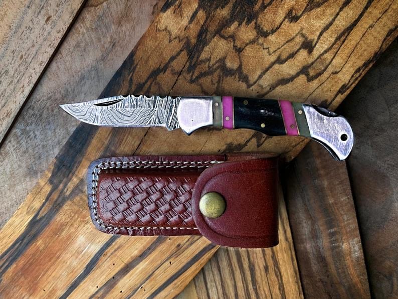 KBS Knives Store Folding Knives Best Folding Pocket Knife with Buffalo Horn and Color Wood Spacers Handle, 3 Inches Blade Length and Leather Case - For Sale by KBS Knives Store.